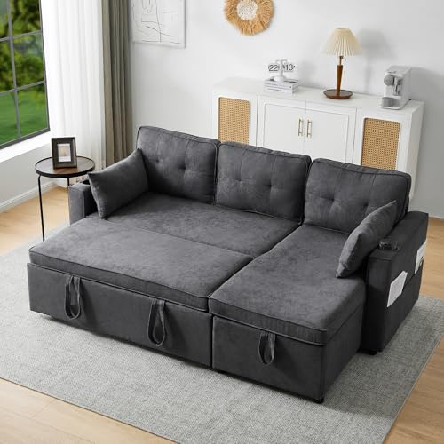 Sofá cama L con función de sueño, silla lounge acolchada, espacio de almacenamiento y portabebidas