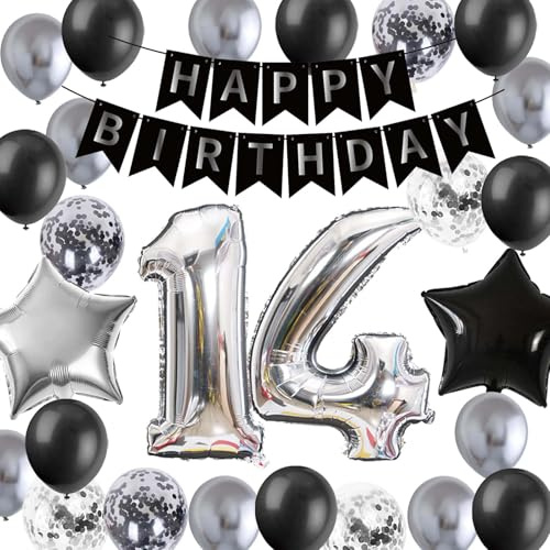 Födelsedagsdekorationsset, födelsedagsdekoration pojkar 14 år, 14. Ballong silver, svart dekoration till födelsedag, ballong 14. Födelsedagsfestdekoration, 14 år, pojkar och flickor,