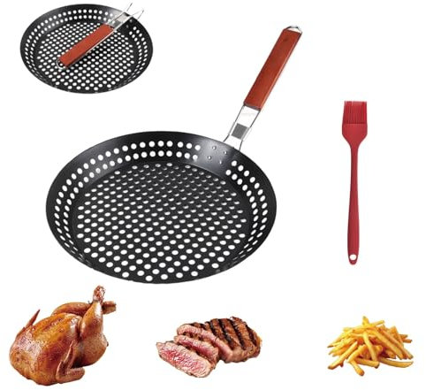 DYUEE Non-Stick Barbecue Skillet 12in, Foldable Handle Grill Frying Pan with Holes, Wooden Foldable Handle Grill Pan for Outdoor Barbecue