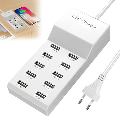 WIYETY Caricatore USB a 10 porte: stazione di ricarica USB multiporta da 50 W, porta singola 5 V/2,4 A, 10 porte, ricarica rapida, con tecnologia di rilevamento automatico, per vari dispositivi