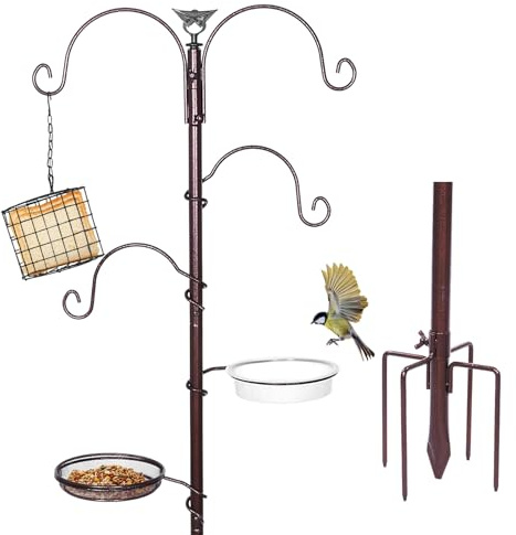 Vogelfutterstation Vogelfutterstangen Ständer Kit Lockung von Wildvögeln mit 4 Hakenhängender 5 Zinken-Sockel Futterstation Vogelfutterschale für Balkon, Garten, Außen, Wiese