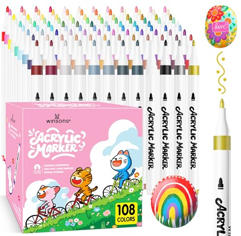 WINSONS Acrylic Paint Pen 108 Colours, Fine Tip, Non-Toxic, Waterproof, Non-Bleeding, Permanent for Multi-Surface, Handicrafts