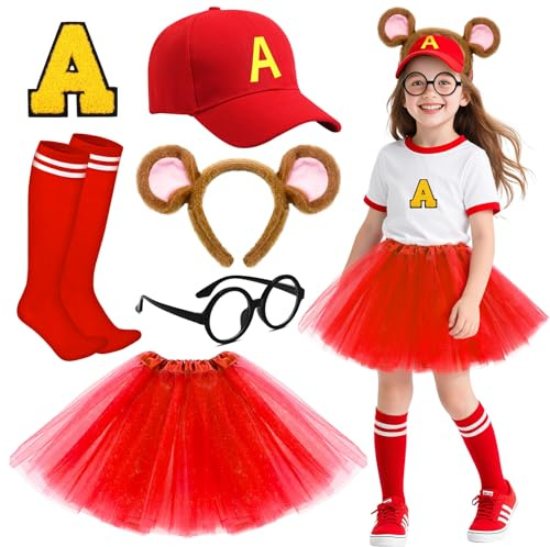 Jokureao Set di 6 costumi da scoiattolo per bambini, con cappello, occhiali, fascia per capelli, gonna, calzini, toppa, accessori per festa mondiale del libro, accessori per Halloween e feste in