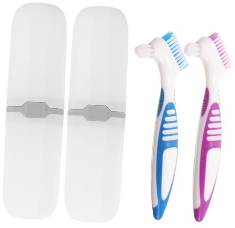 Homoyoyo 2 ensembles Étui Brosse à Dents de Voyage Portable Double Face Brosse Dure pour Dentier Set et Compact pour Soins Bucco Dentaires