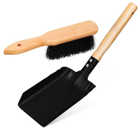 GALPADA Kit De Nettoyage Cheminée Compact Pelle à Bord Tranchant Et Brosse Poils Doux Pour Foyer Et Jardin, Poignées Bois Antidérapantes 11x3x1.9 Pouces