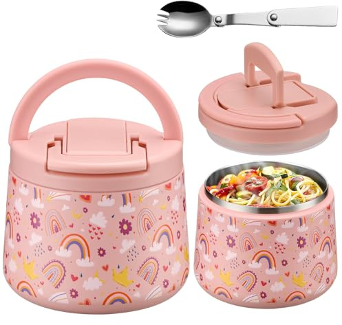 Itslife Termo para Comida 420ml, Recipiente Térmico para Comida con Cuchara, Acero Inoxidable Fiambrera Termica Infantil y Adultos, Contenedor Térmico para Picnic, Escuela y Oficina, Arco iris