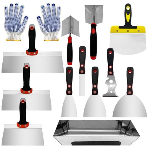 WYPROCEED 13 Pcs Drywall Knife Set, Putty Knives Kit with Mud Pan, 1”2”4”6” Spackle Knife, 7”8”10”12” Taping Knife, 3” Painter Scraper, Inside & Outside Corner Trowel Hand Tools