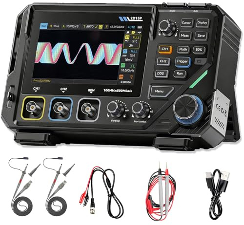 DewinLVD 2D15P Osciloscopio, 100MHz Osciloscopio Digital Multímetro 3 en 1 Generador de Señal DDS, Pantalla Táctil de 4,3, 19’999 TRMS, Precisión de 4,5 Dígitos, Multímetro 500MSPS