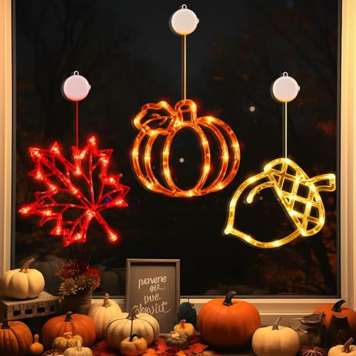 Sinlay Herbstdeko Fenster Licht, Herbst Lichterkette mit Timer, 3er-Pack Herbst Dekoration LED Kürbis Ahornblatt Haselnuss Deko Lichter, Batteriebetrie, Hängende Fensterdeko Leuchtende Kürbisse (A)