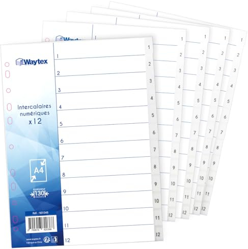 Set di 5 divisori A4 numerati da 1 a 12 in polipropilene bianco perforato con indice - divisori in plastica resistente per raccoglitori A4