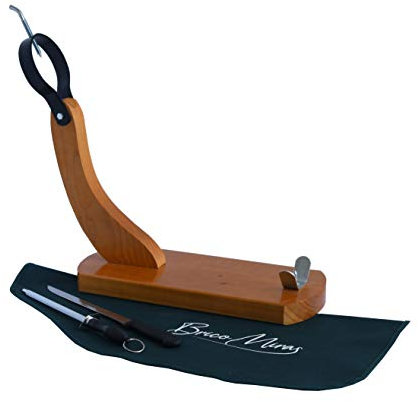BRICOMIRAS - Jamonero Modelo Huelva Económico | Incluye Cuchillo, Chaira y Cubre Jamón Verde | Base Jamón de Madera de Pino Lacada | Soporte Robusto y Ergonómico, Cubrejamón Verde