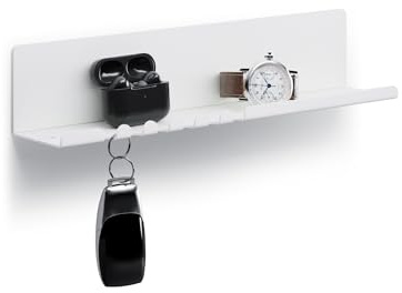 byde Helke - Mensola da Parete, 30 x 6 x 6 cm, 5 Ganci e Porta Cavi, In Lamiera di Acciaio Verniciato a Polvere, Organizer per Chiavi e Lettere per Ingresso, Corridoio, Cucina, Ufficio, Colore Bianco