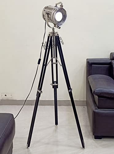 Lámpara de pie de trípode de madera negra vintage para sala de estar, reflector de esquina derecha industrial moderno del cine náutico del metal