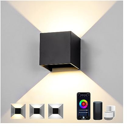 6W LED Wandleuchte Innen Lampe Smart Home Wandlampe Dimmbar Steuerbar via App Außenlampe Wasserdicht Mit Einstellbar Abstrahlwinkel LED Wandbeleuchtung Innen & Außen -Schwarz