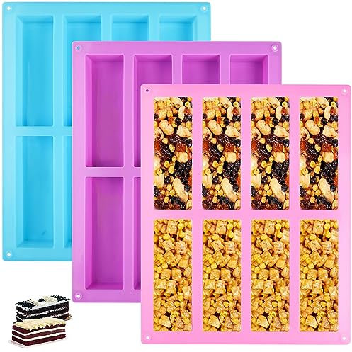 Surflyee 3PCS Silicone Granola Bars Mould 8 Cavity Rectangle Chocolate Energy Cereal Bars Moulds, Silicone Bar Mould for Protein Candy Fudge Bars