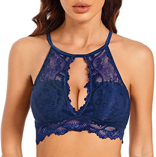 SHEKINI Bralette de encaje con cuello alto para mujer, acolchado, sin varillas, con cuello halter, floral, ombliguera, azul, M