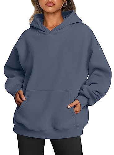 Trendy Queen Damen Oversized Hoodies Fleece Sweatshirts Langarm Pullover Herbst Kleidung mit Tasche, Dusty Blue, M