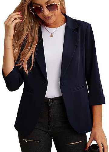 GRECERELLE Blazer élégant à manches 3/4 pour femme - Veste décontractée pour le travail - Blazer de bureau - Veste de costume et blazers avec poches et bouton pour femme, 50