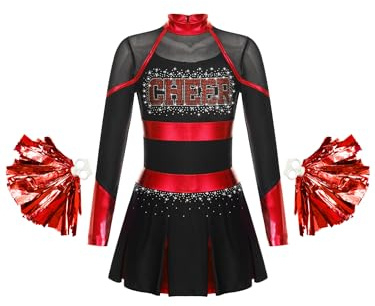 YiZYiF Costume Cheer- Leader Cheerleading per Ragazze Manica Lunga Uniforme con Pompo da Studentessa Carnevale Festa di Carnevale Costume di Halloween Nero rosso 15-16 anni