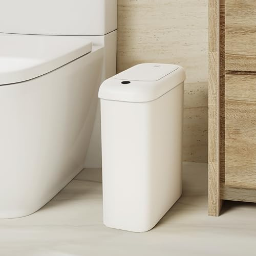 EKO Pattumiera automatica da bagno con coperchio, 2,6 litri, sottile, senza contatto, impermeabile, con sensore di movimento, per bagno, ufficio, cucina, bianco