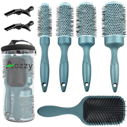 Aozzy Haar-Rundbürste Set Zum Föhnen, Rundhaarbürste für Welliger und Glattes Haar Nylonborsten Salon Styling, Antistatische Keramik Ion Runde Haarbürste Set mit 1 Professionelle Massagebürste