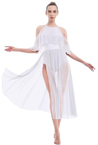 OBEEII Femme Robe de Danse Lyrique Classique Asymétrique Robe de Ballet Latine Justaucorps Moderne Contemporain Dentelle Robe sans Manches Blanc M