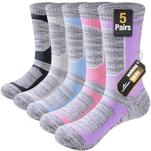 Niorasen Full Cushion Thermal Socks Women 5 Pairs, Thick Cotton Hiking Walking Socks Womens Winter, Anti Blister Ladies Crew Athletic Sports Sock for Running Gym Climbing, Multicolor 3-5
