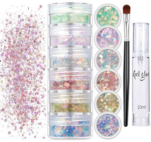 Chunky glitterhantverk, 6 färger paljett glitter ansikte, glitterpulver paljettset, festival kropp glitter kropp glitter för ansikte naglar ögon hår, maskerad party glitter och tillbehör (03)