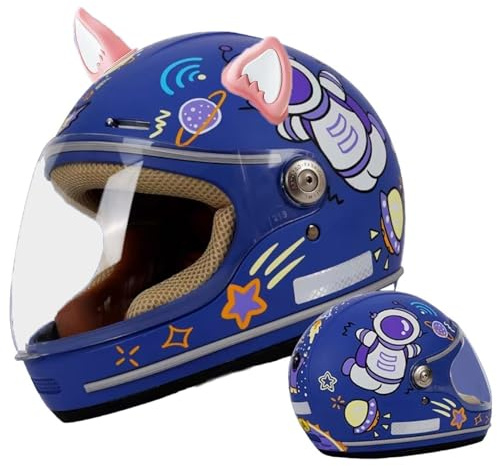 DOT Approved Kids Full Face Motorcycle Helmet with Cat Ears,Toddler Street Electric Scooter Dirt-Bike Go-Kart ATV Helmet,Boys Girls Moped Bicycle Helmet for 2-14 Years Old(Blue)