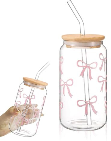 InteDesign Tasse en verre de 16 oz avec couvercle et paille, verres à boire en forme de nœud, tasse à café glacé, verres à boire pour bière, cocktail, thé, coca, jus, soda