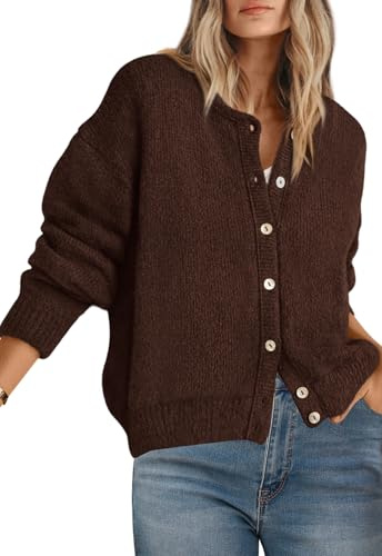 PRETTYGARDEN Long Sleeve Crewneck Button Down Womens Sweaters Spring Open Front Chunky Cardigan Sweaters for Women 2026 (Brown, Small)