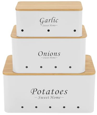 Juego de 3 cajas de almacenamiento para patatas, cebollas y patatas, caja de verduras, apilable, caja para cebollas, patatas, olla para cebollas y ajos con orificios de ventilación