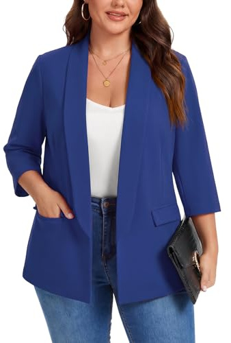 Kyzoeyou XL-5XL Blazer à revers en écharpe grande taille pour femmes, manches 3/4, costumes mi-doublure et poches à rabat, vestes décontractées pour femmes, 4XL Grande taille