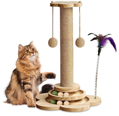Cat Scratching Post with Solid Wood, Sturdy Cat Scratcher for Indoor Cats & Kittens, Kitten Toy with Scratching Post, Interactive Track Ball Toys, 2 Hanging Ball, Natural Sisal (46cm Tall)
