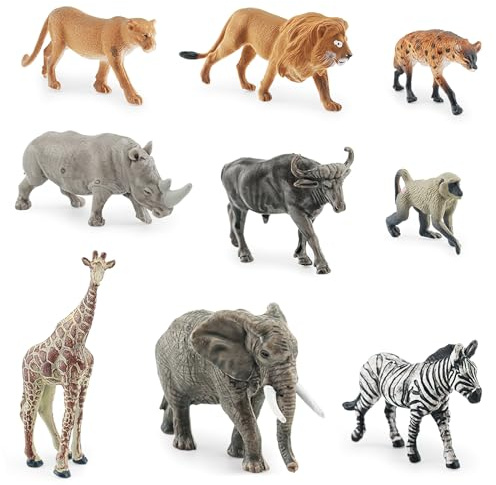XRVRILE Safari Animal Toys - Set di 9 statuette di animali selvatici, mini animali della foresta, giocattoli da fattoria, giocattoli animali, giocattoli per bambini