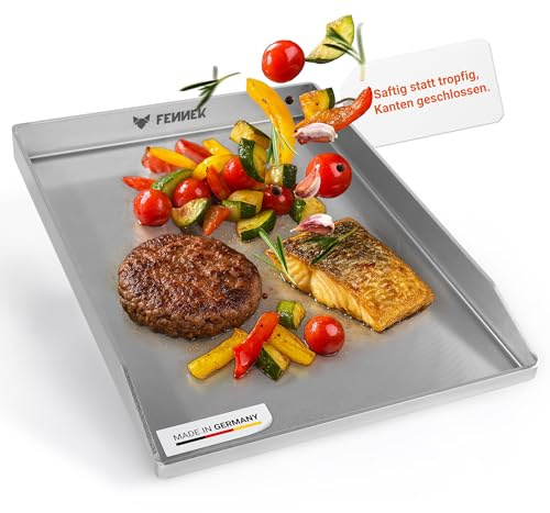 FENNEK Plancha 40 x 30 geschlossen mit verschweißten Ecken für Elektrogrill, Gasgrill, Kohlegrill uvm. | 4,0 mm Edelstahl | Spülmaschinenfest | Made in Germany
