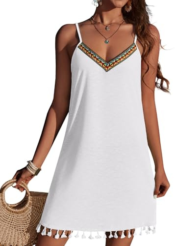 Ekouaer Beach Coverups for Women UK Boho Embroidered Beach Dress V Neck Adjustable Spaghetti Strap Bikini Cover Ups Tassel Hem Lightweight Summer Dress, M, White