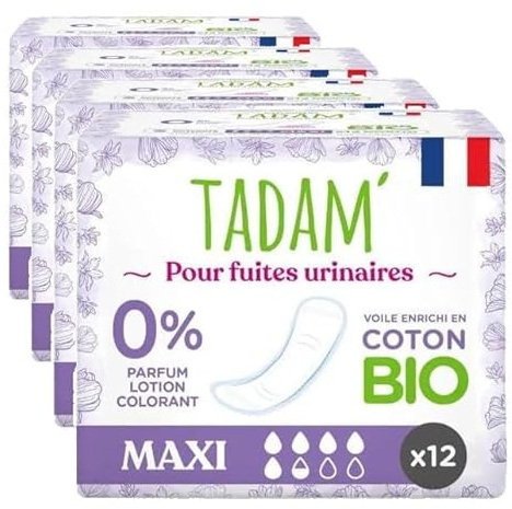 TADAM' - Serviettes Fuites Urinaires - Protection Maxi - Enrichi en coton Bio - Sans substances toxiques - Sachet de 12 (Lot de 4)