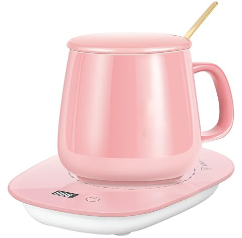 USB-muggvärmare för skrivbord Storbritannien, elektrisk smart dryck mugg värmare koppvärmare med touch-teknik och LED-bakgrundsbelyst display för kontor, hem, skrivbord (rosa set)