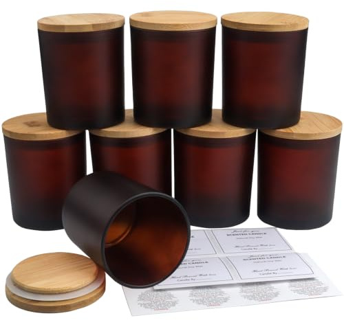 Roellgs 8 Pack 10 OZ Matte Candle Jars with Bamboo Lids, Thick Glass Empty Jars for Making Candles - Dishwasher Safe, in Bulk. (Matte Brown)