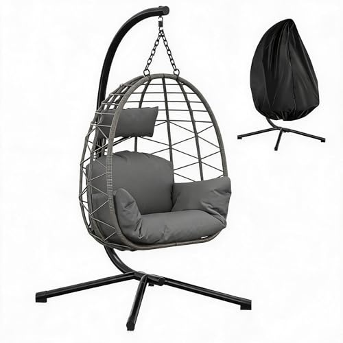 Foldable Rattan Hanging Egg Chair with Stand Hammock Swing | Weatherproof Cushions Adjustable Headrest Protective Cover for Gardens Patios & Balconies Indoor/Outdoor 150kg Capacity
