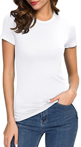 Women's Crewneck Slim Fitted Short Sleeve T-Shirt Stretchy Bodycon Basic Tee Tops (S, White)