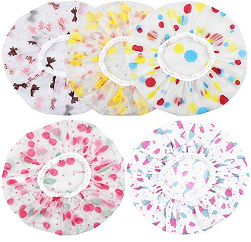 NATUCE 5 Pcs Gorra de Ducha impermeables para Mujeres Niña, elásticos y Reutilizable, Gorros de baño femeninos para ducha y balneario para Salón, Spa, Viajes, Hotel, Ducha, Cocina