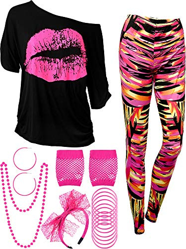 Blulu Set costume da donna anni '80, a maniche corte, linea geometrica, maglietta, pantaloni, orecchini, collana, guanti e braccialetto, Linea Geometrica Manica Corta, 3XL