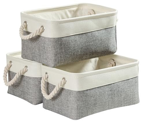 Mangata Fabric Storage Box set of 3, Foldable Fabric Storage Baskets with Handles for Cupboards, Wardrobe, Shelves, Bathroom, Clothes, Toys, Towel (Medium, Grey White)