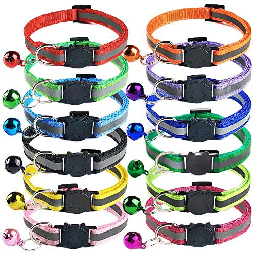 12 Stück Katzenhalsband Reflektierend,Katzenhalsband mit Sicherheitsverschluss und Glöckchen Halsband Katze,Verstellbar 19–32 cm,für Katzen und Welpen (12 Farben)