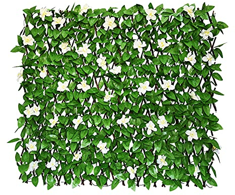 Sumery Expandable Fence Privacy Screen for Balcony Patio Outdoor,Decorative Faux Ivy Fencing Panel,Artificial Hedges (Single Sided Leaves) (1, White Flowers)