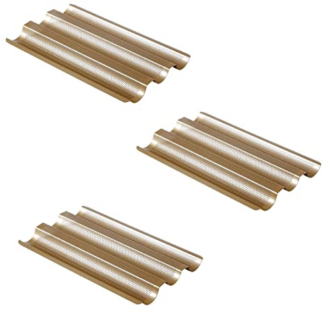 Aggert Vassoio di cottura in metallo perforato in acciaio al carbonio 3 scanalature onda pane francese vassoio di cottura per baguette cuocere stampo padella fai da te stampo per pane 3 pezzi