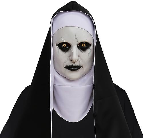 GHONLZIN Scary Halloween Mask The Nun Creepy Latex Mask Horror Full Head Mask with Headscarf The Nun Dress up Cosplay Costume Halloween Party Props (Bi)