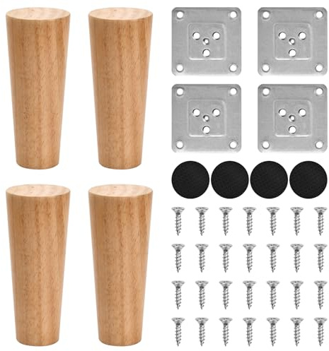 4 Pcs Holz Sofafüße 12cm 15cm, Massivholz Möbelbeine Schrankfüße, Ersatz Holz Tischbeine Rund Möbelfüße Tischfuß mit Montageplatten Schrauben Filzgleiter, Holzfüße für Möbel Tisch Stühle Sofa (12cm)